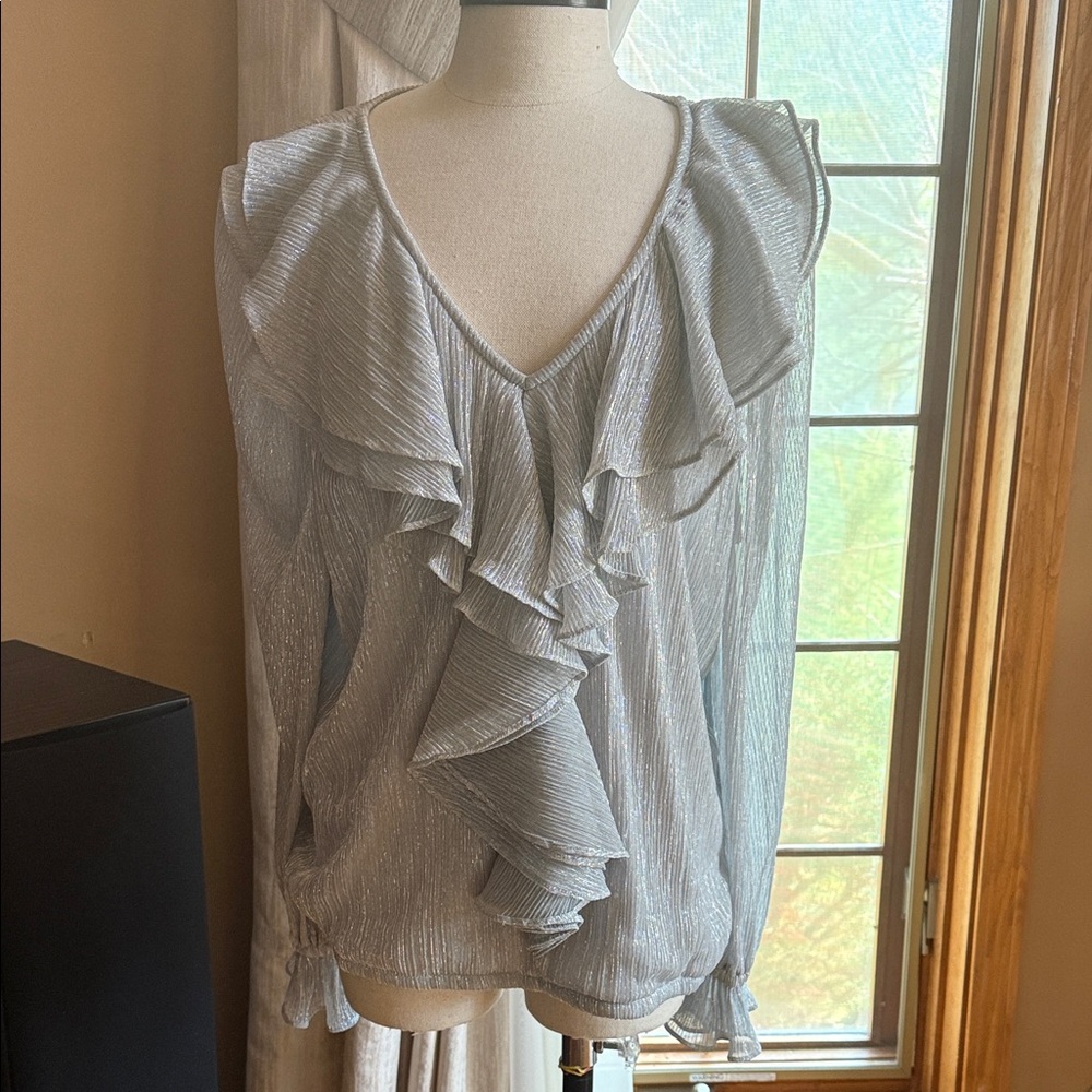 INC International Concepts Shimmering Silver Ruffle Top